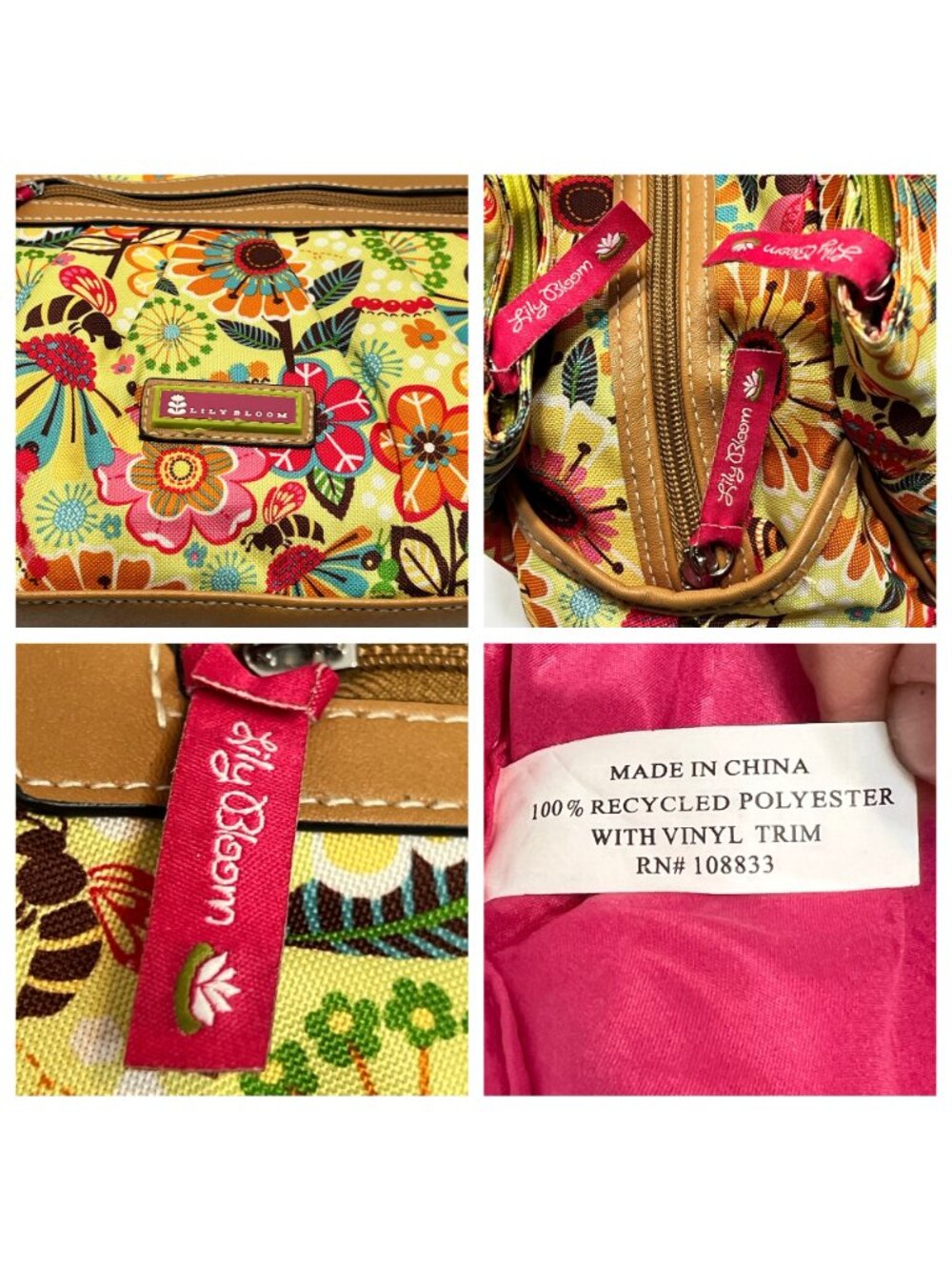 Lily Bloom Floral Bee Tote Bag Busy Bee Recycled Polyester Vinyl Trim Boho Y2K - Picture 4 of 16